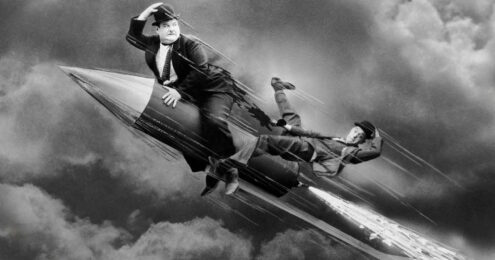 ceo board chair relationship - a black and white image of two men in bowler hats speeding through the sky on the back of a firecracker rocket with the man in the back trying to hold on