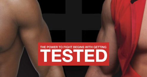 nonprofit press - Hyacinth AIDS Foundation Living Out Loud 2013 campaign featured in The Times of Trenton. The image is of two male presenting muscled bare chests and arms of different races. Between the two bodies is a grey plus sign and the words "The Power to Fight Begins with Getting Tested"