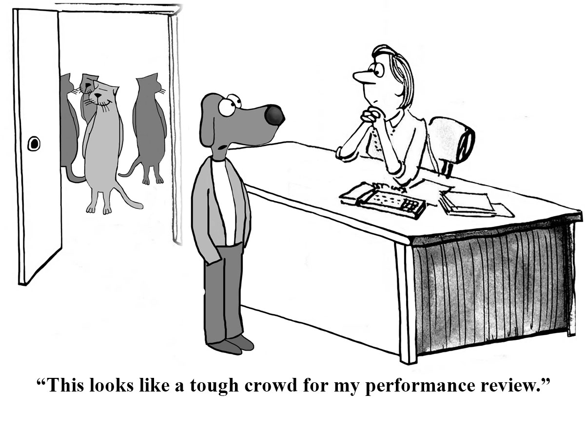 nonprofit executive director - A grey scale illustration of a dog standing on two legs in a shirt, jacket, pants, and shoes at the desk of what appears to a be a female supervisor. In the background the door is open with a collection of cats standing on two legs walking around. Underneath the illustration is the text "This looks like a tough crowd for my performance review."
