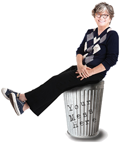 Joan siting on a garbage can