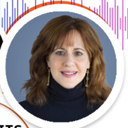 director of development - two rows of muted rainbow colored soundwaves go across the screen with three bubbles on the right side of the image. The top left is a bubble with an image of Joan Garry, the top right is a bubble with an image of Lori Abrams, and the bottom bubble is an image of the Nonprofits are Messy with Joan Garry podcast with Joan sitting on a trashcan. In the bottom right hand corner is a table microphone with a podcast label and the text between the bubbles and the microphone reads Not Enough Money Too Many Cooks An Abundance of Passion