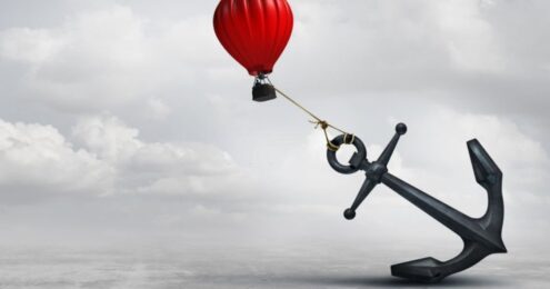 dealing with a difficult board member - A cloudy sky with a red hot air balloon attempting to fly off but is being tied down by an oversized anchor.